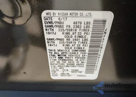 2017 Nissan Rogue Sl z USA, uszkodzony, nr VIN JN8AT2MV7HW277500